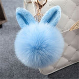 Porte Clé Pompon Moelleux Oreille De Lapin Bleu Clair